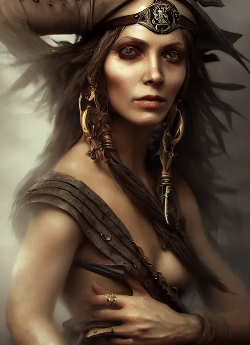 Prompt: detailed full body dark and dull oil painting of a pirate female, beautiful face, elegant pose, fantasy, illustration, insanely detailed and intricate, octane render, 4k