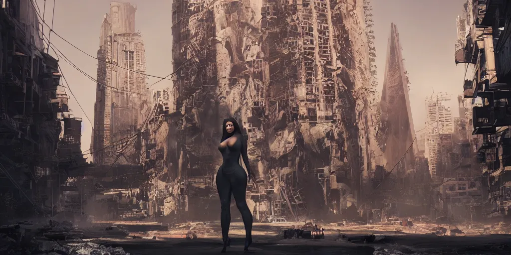 Prompt: cinematic view of kim kardashian statue in the middle of san francisco, dystopia, dead animals falling from the sky, by cedric peyravernay, by kilian eng, high detail, digital painting, industrial art style, death stranding art style, cinematic lighting, artstation, cgsociety, unreal engine 5 render, octane render, 3 5 mm film grain