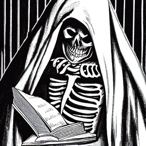 Prompt: Hooded figure with skeleton face reading a book, gothic