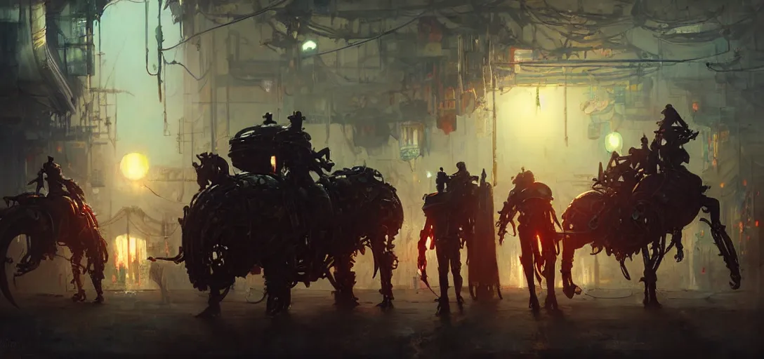 Image similar to close - up of cyborg knights exploring small town amusement, gas lamps, food stalls, cyberpunk big top circus tent, highly detailed, nightmare, neo alien, digital painting, concept art, matte, art by ruan jia and wlop and greg rutkowski and makoto shinkai, masterpiece