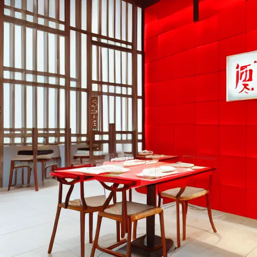 Image similar to a beautiful simple interior render of roasted string hotpot restaurant restaurant yan'an, wall corner, from china, red paper wall and white tile floor, white porcelain table, with merchant logo, fine simple delicate structure, chinese style, simple composition, simple style structure decoration design, victo ngai, 4 k hd