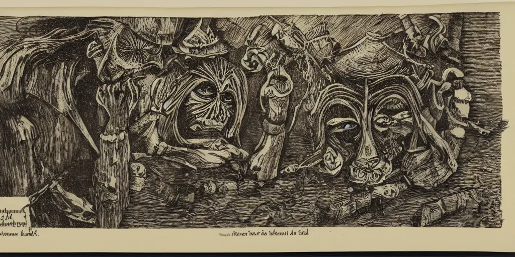 Image similar to scan of book with wood engravings of tyrolean folklore masks, scary dark, dark ink, old paper