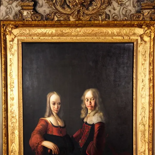 Prompt: oil portrait. two women in a vast castle lobby wearing fine clothes. dark room with light coming through the right side of the place. baroque style 1 6 5 6. high quality painting, no distortion on subject faces.