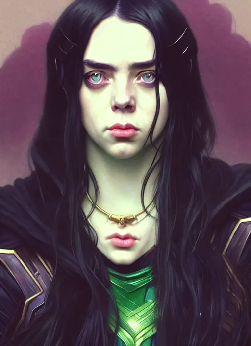 Image similar to Billie Eilish as Female Loki, very detailed, digital art, trending on artstation, concept art, smooth, illustration, art by artgerm and greg rutkowski and alphonse mucha and Edmund Blair Leighton and Katsuhiro Otomo and Geof Darrow and Phil hale and Ashley wood