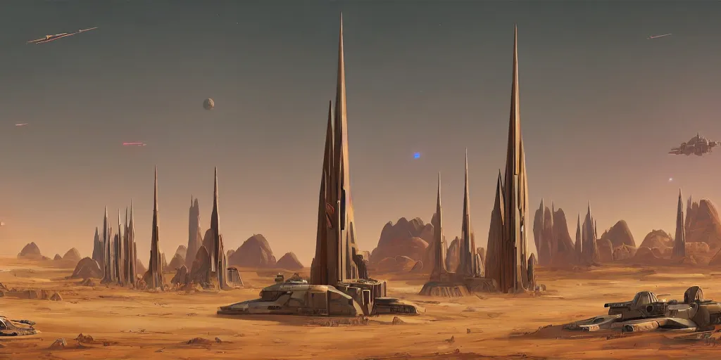 Prompt: tall spire military base surrounded by city scape, sand dunes, desert planet, war, star wars, warhammer 4 0 k, retro futurism, art deco, simon stalenhag