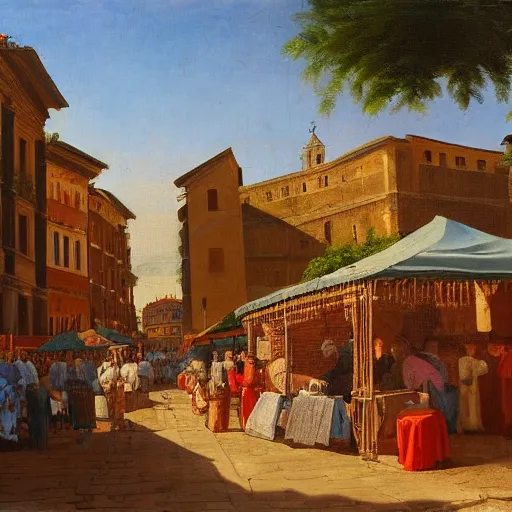 Prompt: view of a ancient roman city market, rome, oil painting, landscape.