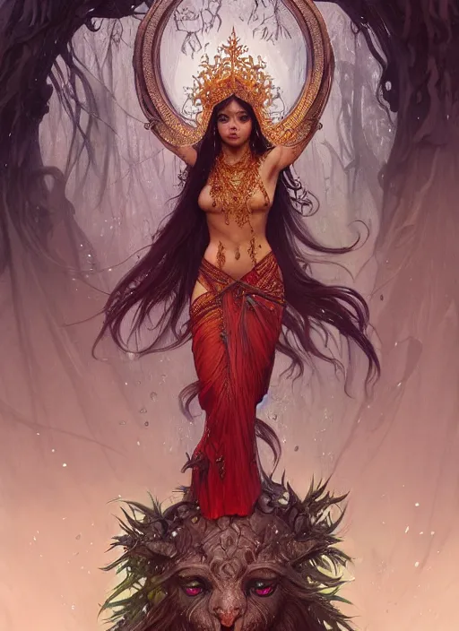 Image similar to kuntilanak on tree, d & d, wet, shiny, fantasy, intricate, elegant, higly detailed, ultra definition, digital painting, artstation, concept art, smooth, sharp focus, illustration, art by artgerm and greg rutkowski and alphonse mucha and garis edelweiss