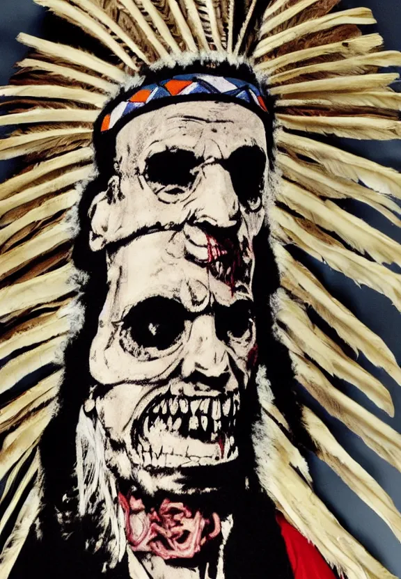 Image similar to close up portrait of zombie Pope Francis wearing a Native American Indian Feathered Headdress War Bonnet, dead redemption, by Kara Walker