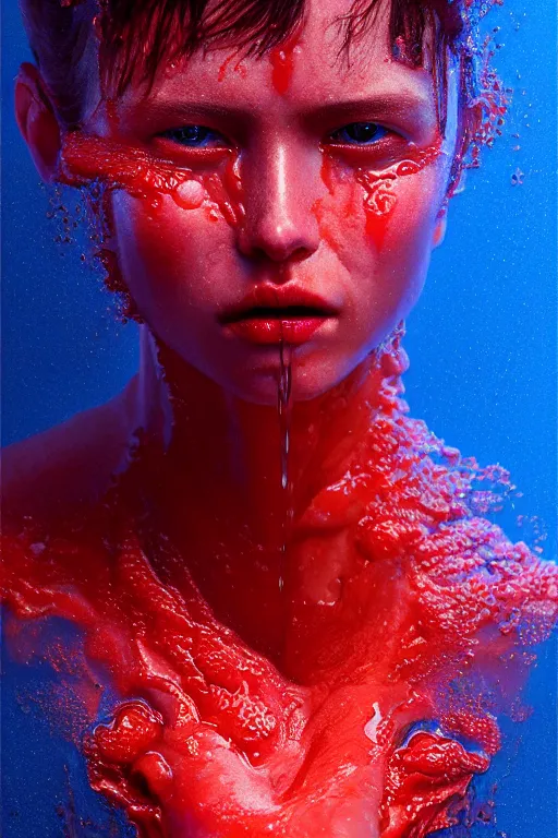Prompt: 3 d, close - up, boiling liquid gold and red water, frown fashion model, poster art, high detail, intricate oil painting, multiple exposure, deep blue mood, hyperrealism, 3 d, by tooth wu and wlop and beeple and greg rutkowski