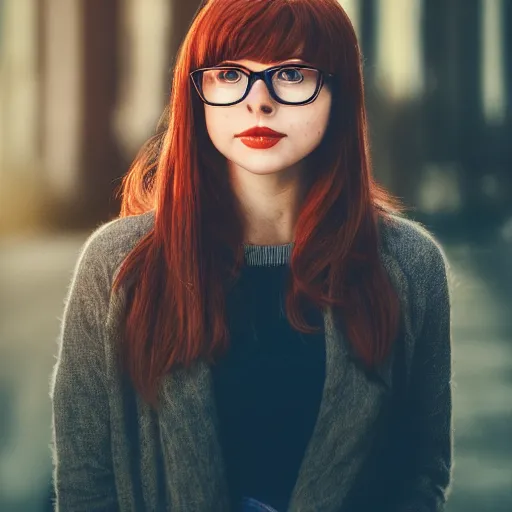 Image similar to dslr photo of velma dinkley, portrait photo, real photo, real camera, extreme detailed face and body, high quality, moody lighting, fast paced lines, sharp quality, enchanting lighting, 8 k