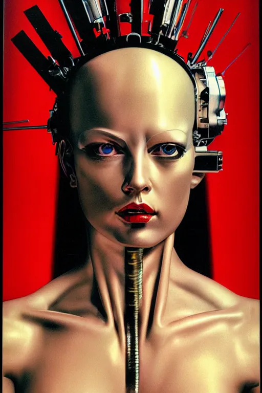 Image similar to cyborg head wrapped in plastic bags by Hajime Sorayama and Artemisia Gentileschi, centered, symmetrical, led, red, bilateral symmetry, third person, 70s poster, polished, lightning, retro dark vintage sci-fi, 2D matte illustration