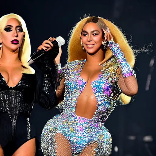 Prompt: Lady gaga and Beyonce perfom together at a concert, EOS 5D, ISO100, f/8, 1/125, 84mm, RAW Dual Pixel, Dolby Vision, HDR, AP, Featured