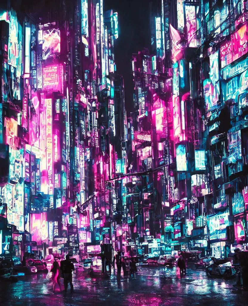 Prompt: cyberpunk city at night, night clubs and neons, rain, camera high, girl under lantern, by Sean Foley