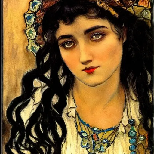 Image similar to gypsy girl, dark hair, art nouveau, jugendstil