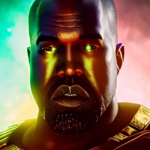 Prompt: Portrait of Kanye West as Thanos, glowing eyes, splash art, movie still, cinematic lighting, dramatic, octane render, long lens, shallow depth of field, bokeh, anamorphic lens flare, 8k, hyper detailed, 35mm film grain