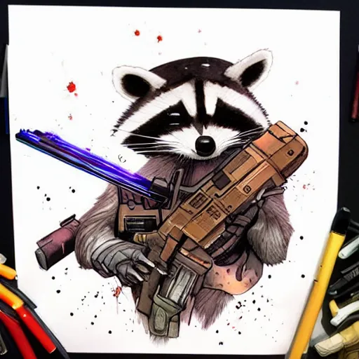 Image similar to racoon holding a laser gun, guardians of the galaxy style, centered award winning watercolor pen illustration, by range murata