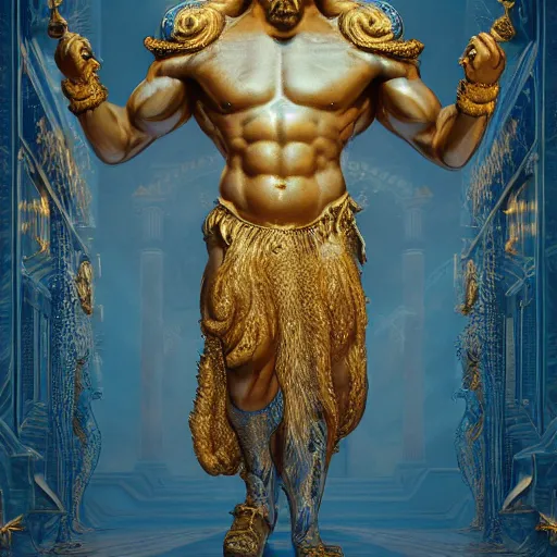 Prompt: Zeus, God, Character Design, Digital Art, Gold Light, Blue Mist, 8K, insanely detailed and intricate, ornate, hyper realistic, super detailed, Artstation, Octane render, in the style of James Jean