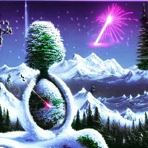 Image similar to Bob Ross Scenery with Robot Alien Snowmen Shooting Laser Beams at Things in the sky. Epic Amazing Insanity. Salvia Droid Joker .