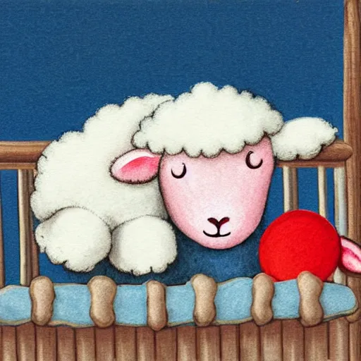 Image similar to storybook illustration of baby sleeping in a crib with a toy lamb on top of its head, storybook illustration, monochromatic