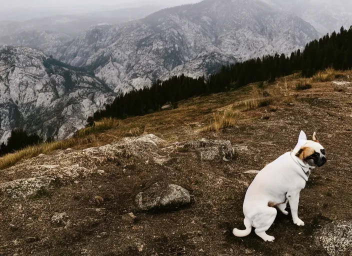 Prompt: a photograph of a dog on a mountain, rule of thirds