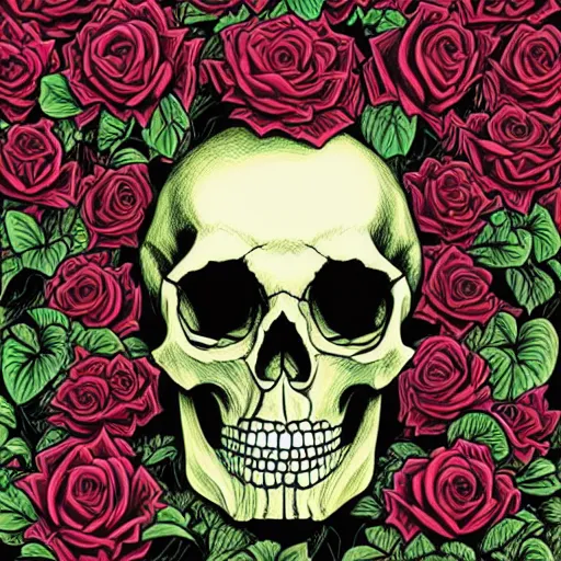 Image similar to ortographic view of a large skull and gothic roses by Jen Bartel and Dan Mumford and Satoshi Kon, gouache illustration