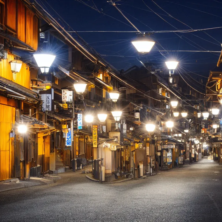 Image similar to photograph of kyoto street at night, bright street lamps, lens flare