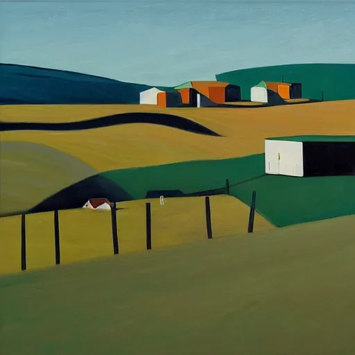 Image similar to dreaming futuristic rural landscape with modern houses, painted by Alex Katz and Edward Hopper, airbrushm, highly detailed