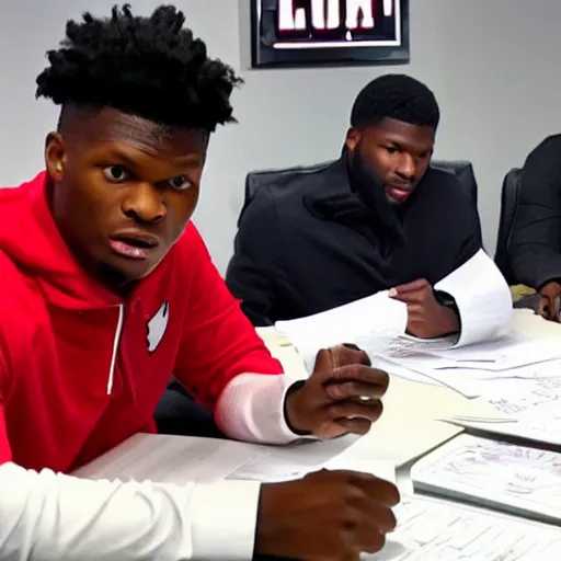 Prompt: lamar jackson in a boardroom tearing up a piece of paper as an executive freaks out