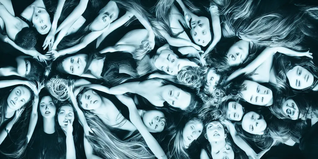 Image similar to love, groups of translucent people with long glowing hair, from above, rebirth, wide angle, cinematic atmosphere, elaborate, highly detailed, dramatic lighting