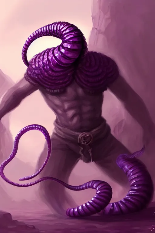 Image similar to male fighter, a giant purple worm is visible in the back, fantasy, intricate, elegant, highly detailed, digital painting, artstation, concept art, smooth, sharp focus, illustration, art by Jovan Delic