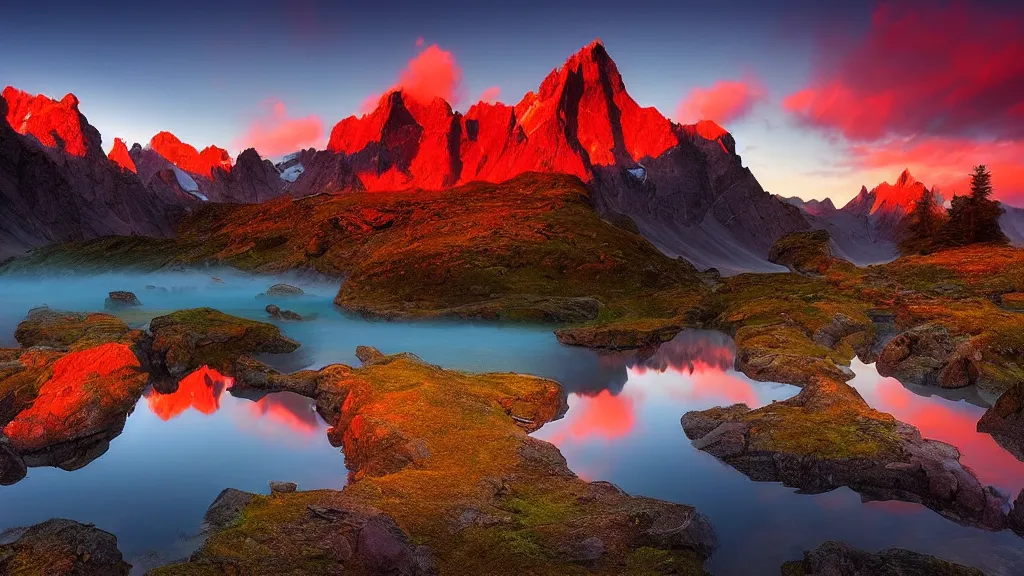 Image similar to amazing landscape photo of mountains with lake in sunset by marc adamus, beautiful dramatic lighting