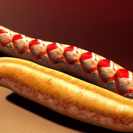 Prompt: photorealistic snake hotdog. hyperdetailed photorealism, 1 0 8 megapixels, amazing depth, high resolution, 3 d shading, 3 d finalrender, 3 d cinematic lighting, glowing rich colors, artstation concept art.
