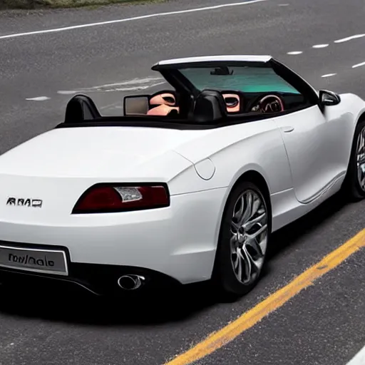 Prompt: a convertible sports car with seats covered in white fur
