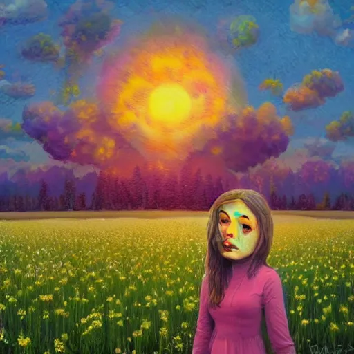 Prompt: girl with a enlarged up flower as a face, surreal photography, dream, standing in flower field, hills, big trees, sunrise dramatic light, impressionist painting, colorful clouds, digital painting, pointillism, artstation, simon stalenhag, flower face