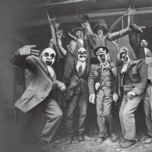 Image similar to old tin plate photograph of clowns throwing an after party at an abandoned Tivoli, realistic, absurd