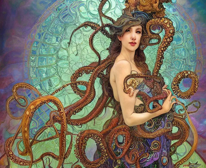 Prompt: portrait of an octopus goddess, full body shot, rule of thirds, wide angle, amazing landscape in background, fantasy, whimsical, horror, art by chengwei pan and alphonse mucha and josephine wall and amanda sage, intricately detailed, highly detailed, luxurious, elegant, clean, unsettling, trending on artstation