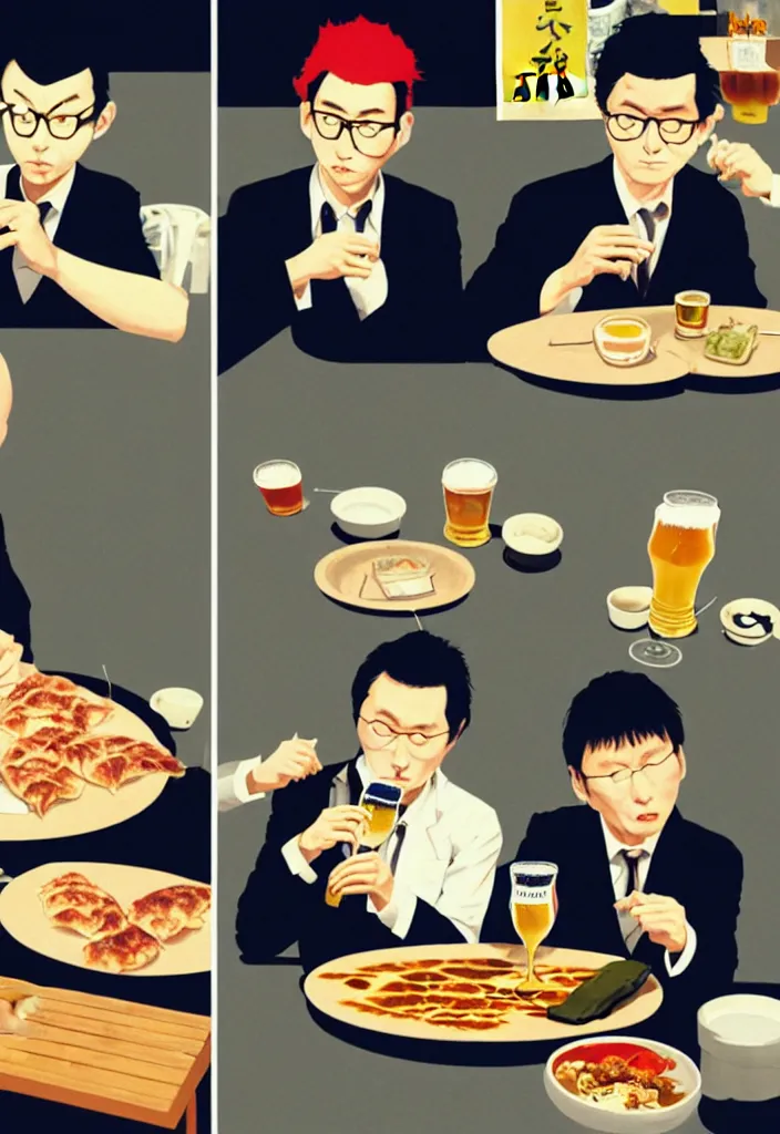 Prompt: two businessmen eating gyoza and drinking beer at an outdoor table in nighttime izakaya in shinbashi tokyo, japan, a collage painting, in the style of wes anderson, lola dupre, david hockney, isolated on negative white space background dark monochrome fluorescent neon spraypaint accents volumetric octane render