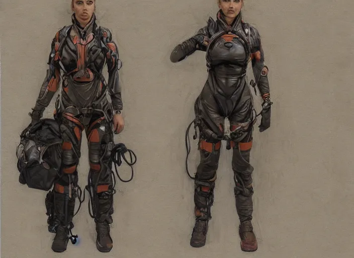 Prompt: front and back character view of a woman in scientist's jacket with a system of straps and pouches for collecting material by Donato Giancola, Trending on artstation and pixiv clean concept art and sheet