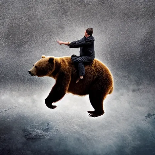 Image similar to a man riding on the back of a brown bear, an album cover by frieke janssens, shutterstock contest winner, american romanticism, majestic, epic, ilya kuvshinov