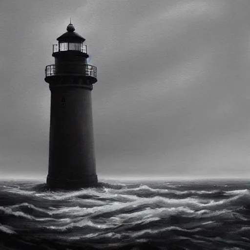 Prompt: a lighthouse on a lonely, stormy coast. the painting is characterized by its use of dark colors, its focus on the grotesque, and its overall feeling of gloominess. the use of deep blacks, grays, and dark greens gives it a very dark, foreboding tone. gothic elements provide an eerie, otherworldly quality.