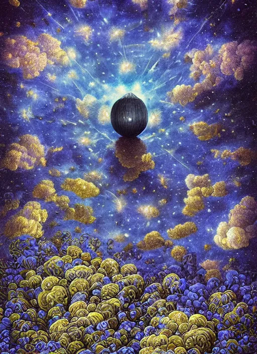 Image similar to detailed, intricate blue black and purple papaverum flower on the field, nebula, galaxy in the sky, winning award masterpiece, fantastically beautiful, illustration, aestheticly inspired, jacek yerka, upscale with anguissola sofonisba work, artstation, 8 k