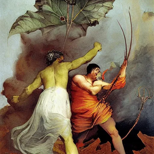 Image similar to close relationship between datura stramonium and men, mythical full of symbolism picture, hyper detailed, hyper realistic, warm colours, symbiosis, Francisco Goya style