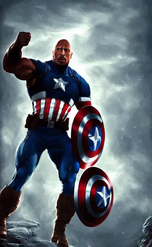 Image similar to dwayne johnson as captain america, dynamic lighting, cinematic, ultra detailed, trending on art station, stunning visuals, creative, fantasy concept art