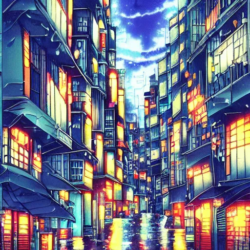 Image similar to a rainy city street in the style of japanese animation, trending on pixiv