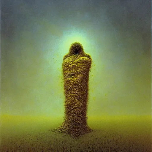 Prompt: arm reaching out of thick fog, bees swarming, psychedelic, zdzislaw beksinski