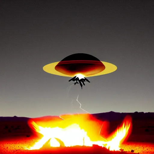 Prompt: crashed shattered burning UFO broken flying saucer in pieces strewn across a rocky desert, with a sad Roswell grey alien trying to repair his destroyed shattered spacecraft in the desert, crashed smoking UFO on fire, crashed bent and broken Flying Saucer in flames, dusk, Nikon photo