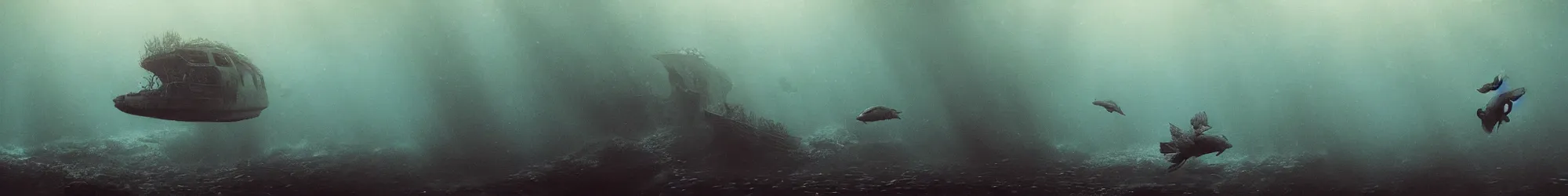 Image similar to underwater photo of fish, Les Edwards, Zdzislaw Beksinski, Carl Gustav Carus, John Harris, Michal Karcz, Zhang Kechun, Mikko Lagerstedt, Scott Listfield, Steven Outram, Jessica Rossier