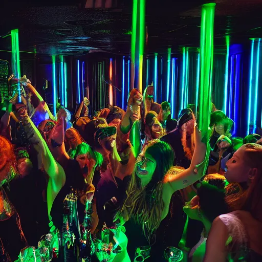 Image similar to a photo of people partying in an underground club, photorealistic, 8 k - w 7 6 8