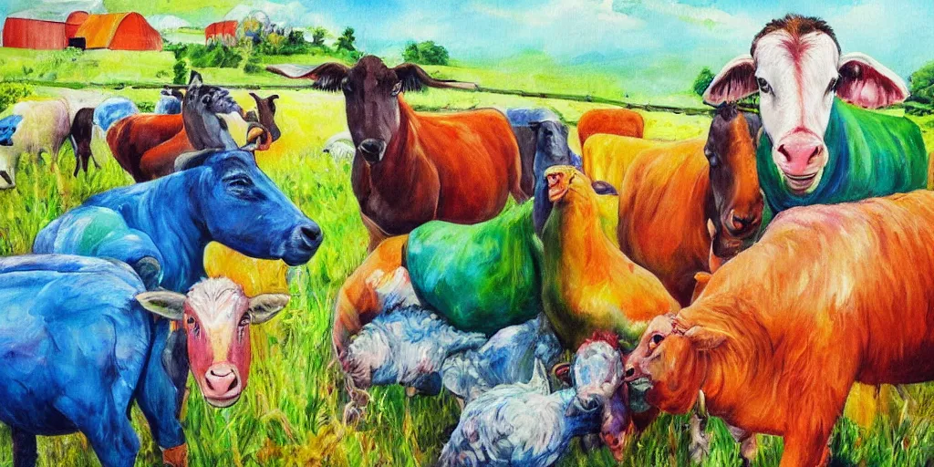 Prompt: beautiful and colorful painting of humans living in harmony with farm animals