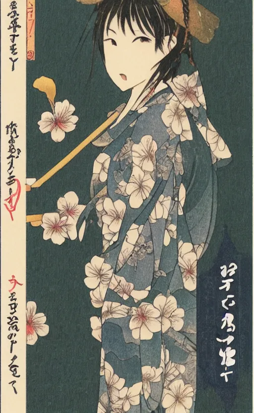 Image similar to by akio watanabe, manga art, a girl on wooden lake bridge and iris flowers, trading card front, kimono, realistic anatomy